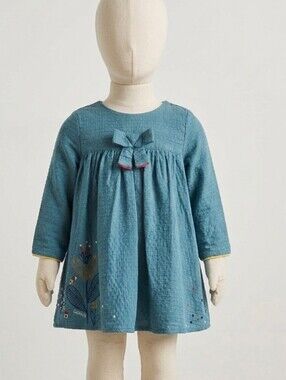 Catimini Dusty Teal Blue Long-Sleeve Embroidered Dress- Fully Lined. 12 Months